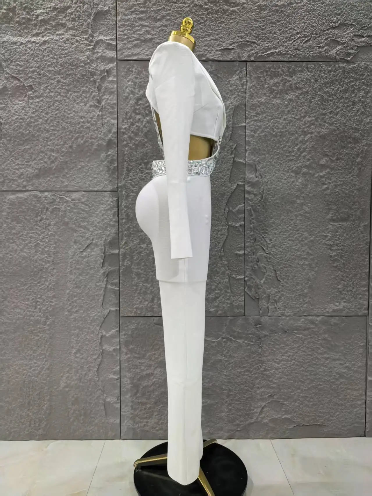 Glamour noir blanc femmes à manches longues Sexy col en v brillant cristal 2 pièces moulante ensemble de pansement célébrer soirée