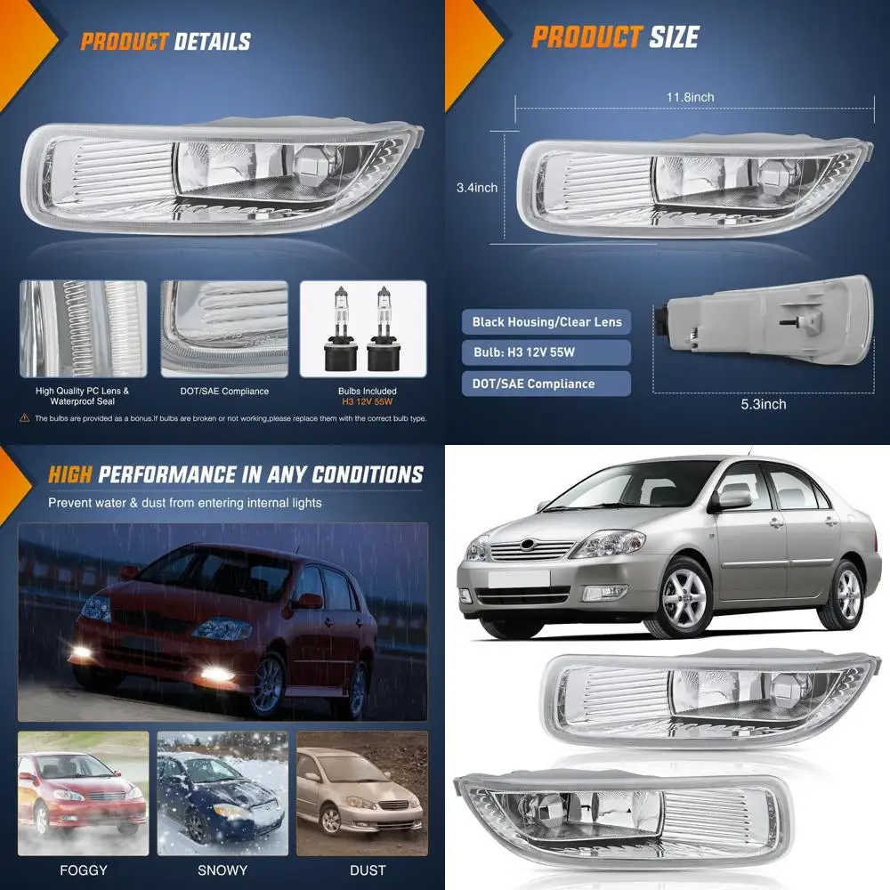 

2003-2004 Toyota Corolla Fog Light Assembly with Clear Lens for Driver and Passenger Side, 12V 55W Bulbs