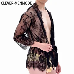 CLEVER-MENMODE Lace Short Robe Men Sexy Perspective Pyjama Nightwear Transparent Erotic Lingerie Crossdressing Costume Nightgown