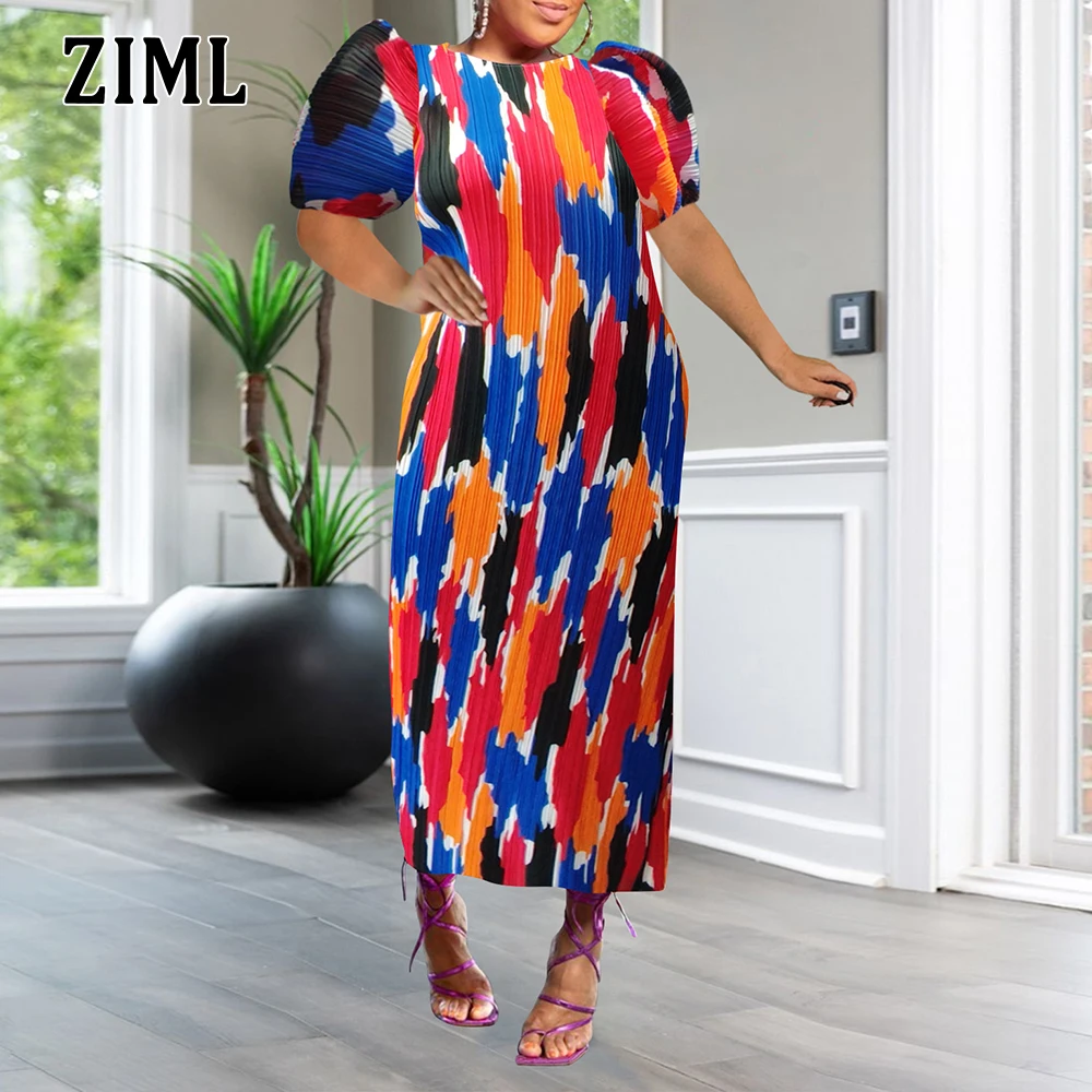 

ZIML Hit Color Printing Slimming Fashion Dresses for Women Round Neck Shorts Sleeve High Waist Temperament Dress Female Fashion