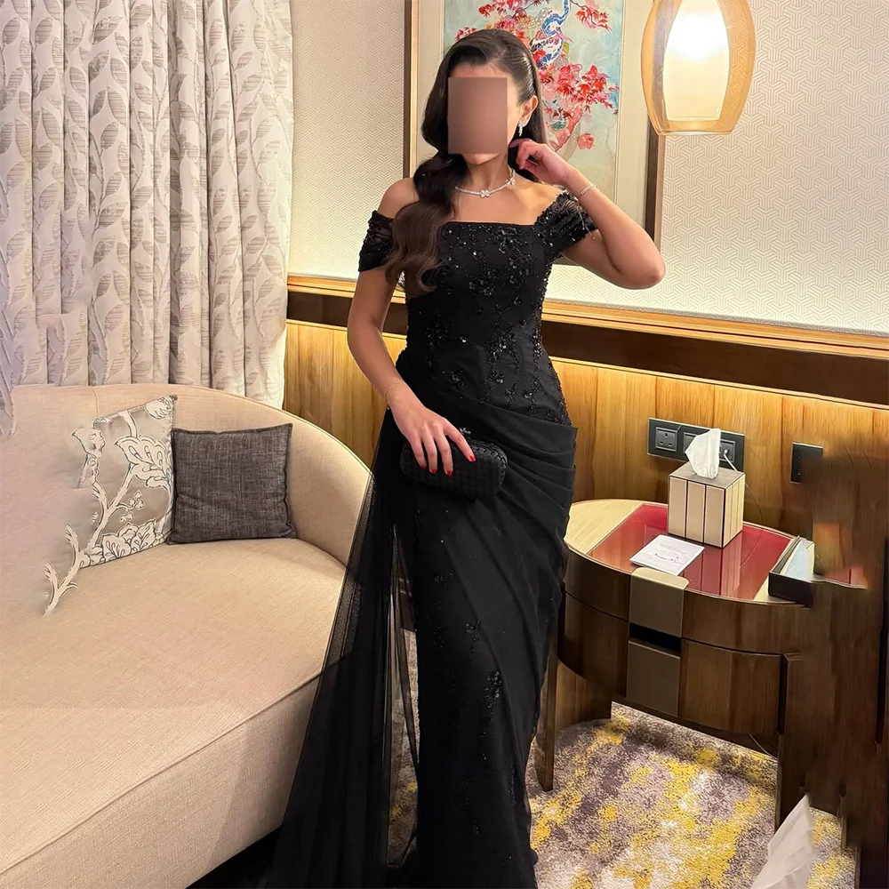 Black Evening Dress Customized Off The Shoulder Crystal Glitter Prom Straight Long Dresses  Elegant Formal Party Dress 2025