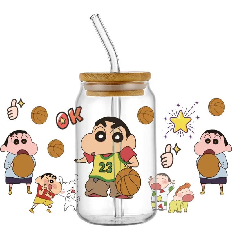 

Miniso Japan cartoon crayon shin-chan Design High-Quality Wraps 16oz Glass Cup UV DTF Wrap Transfer Decals