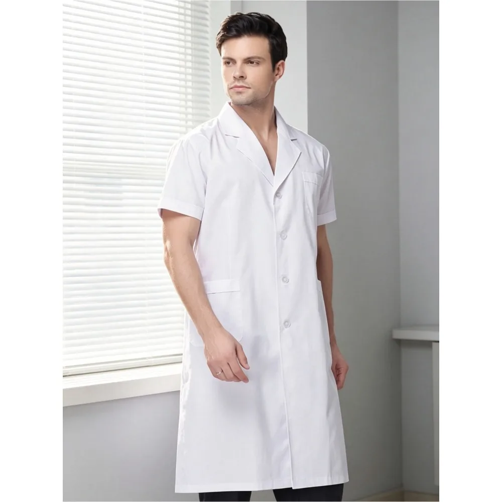Adult Men Practical White Work Coat, Short Sleeve Lapel Collar Lab Uniform with Pockets, Workwear for Hospital, Lab, Workshop