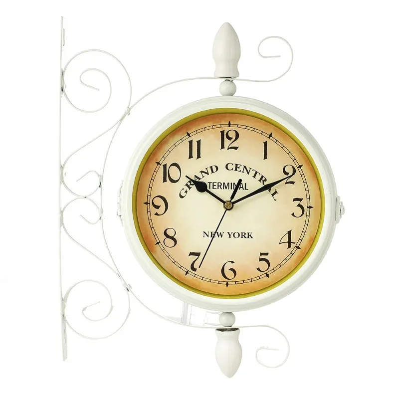 Double Sided Train Station Waterproof Wall Clock White for Garden Retro Wrought Metal Wall Clock Silent Indoor Outdoor Decor