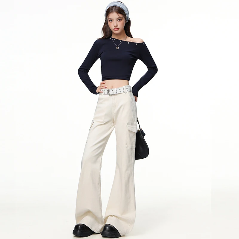 

Off-white denim bell-bottom pants for women, slimming design with utility pockets and floor-length cut