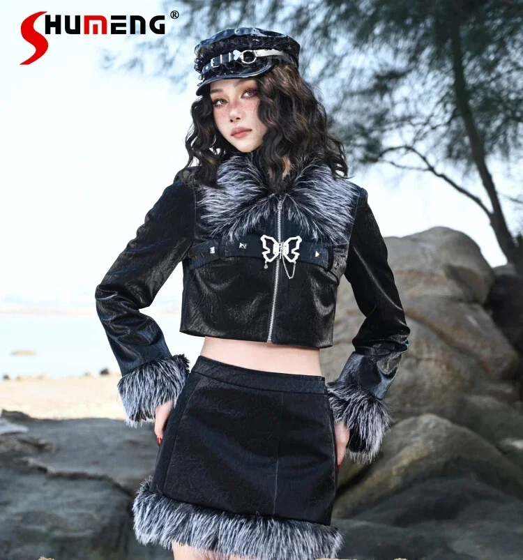 Harajuku Gothic Dark Short Leather Coat Women's Autumn Winter Fashion Slim-Fit Metal Butterfly Fur Collar Black Cardigan Jacket