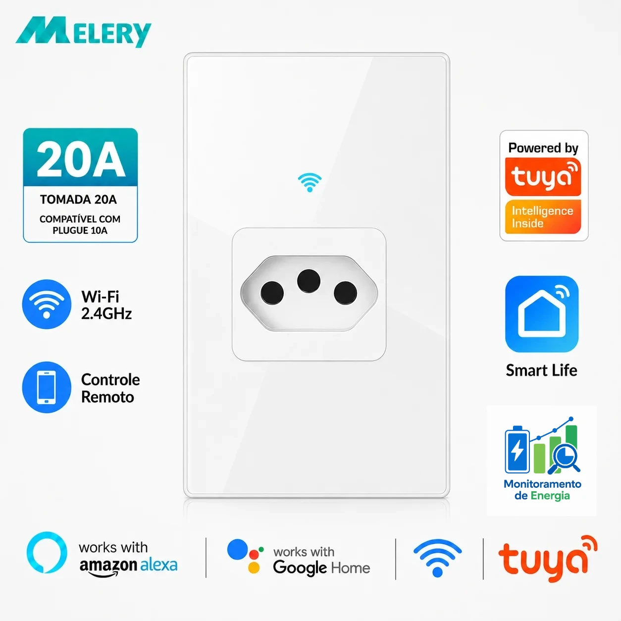 Melery Brazil Wifi Smart Tuya Wall Socket Tomada Power Monitor 20A Plug Outlet Tempered Touch Glass Panel by Alexa Google Home