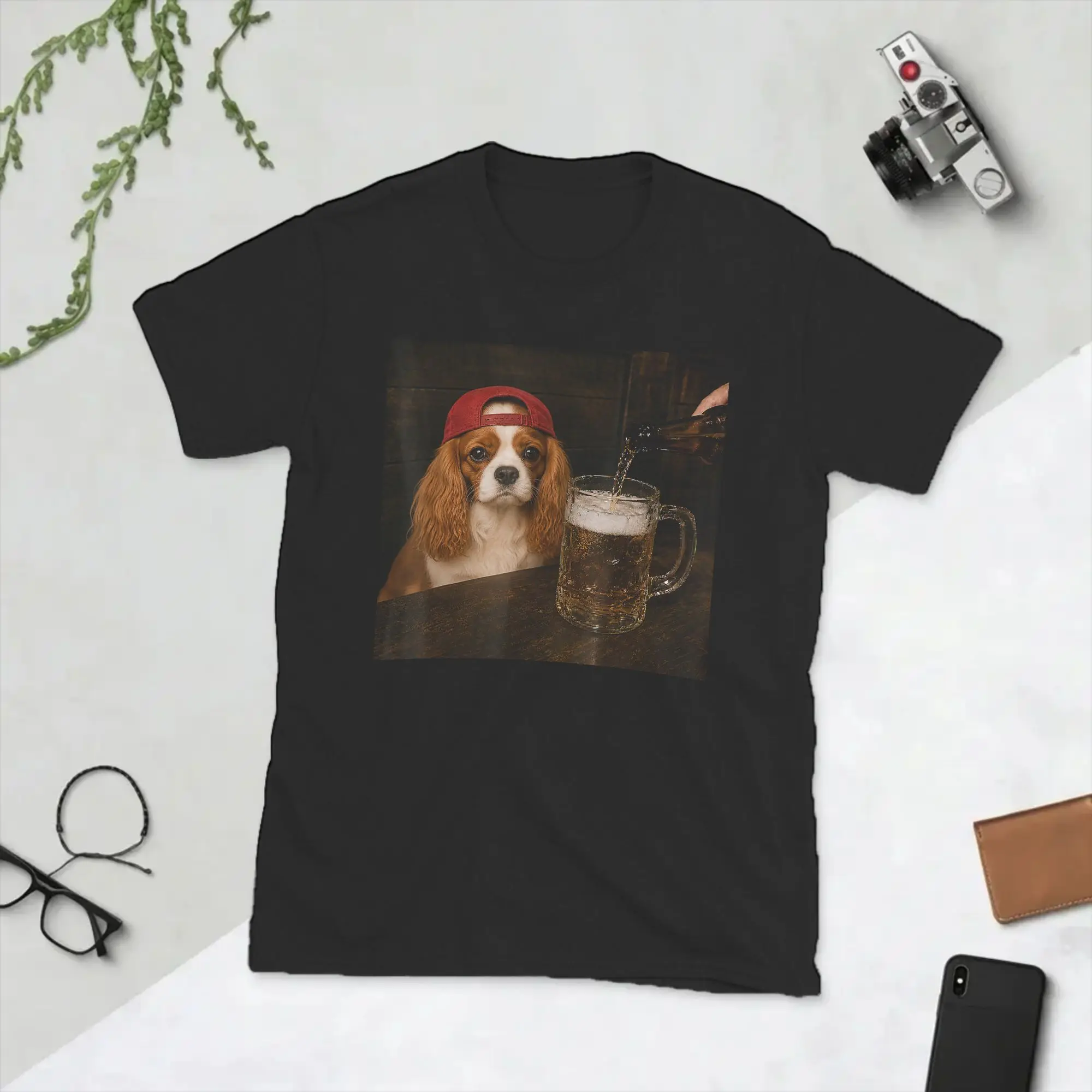 Cavalier King Charles Spaniel Drinking Beer T-Shirt Men O Neck Pure Cotton T Shirts Funny Dog Meme Short Sleeve Tee Shirt