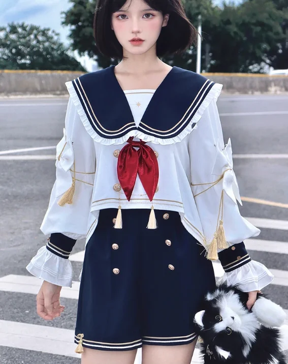 

Japanese Original Lolita Gorgeous College Suit Sweet Girls Navy Collar Long-sleeved Top and High-waisted Straight Shorts Set