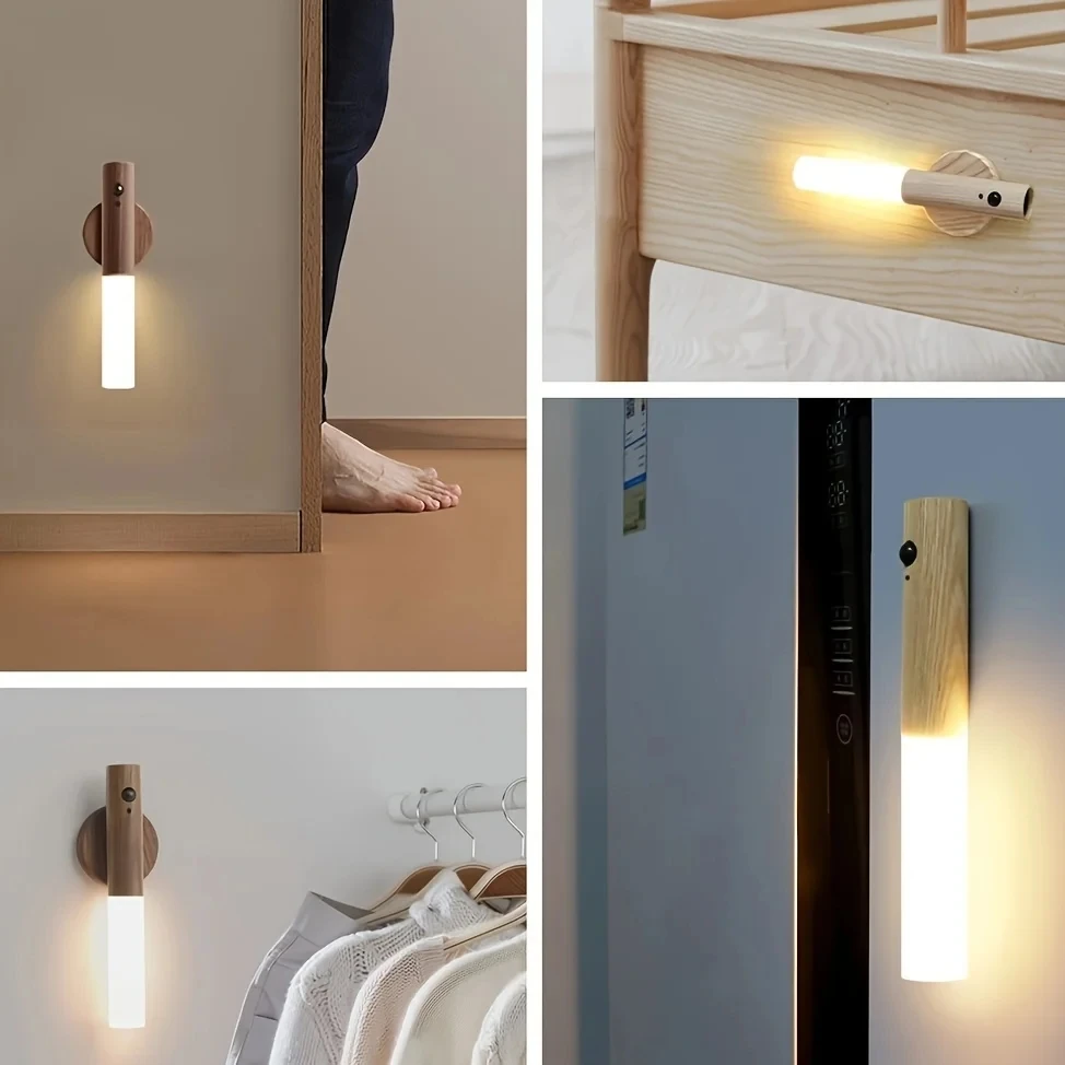 LED Wood USB Night Light Magnetic Wall Lamp Kitchen Cabinet Closet light Home Staircase Bedroom Table Move Lamp Bedside Lighting