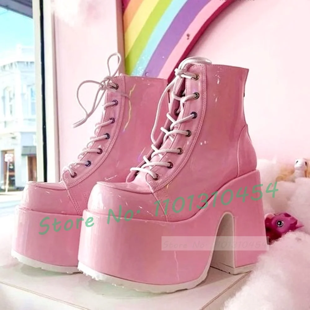 

Pink Goth Platform Ankle Boots Cool Punk Nights Sexy Girls Spring Chunky Heels Shoes New Big Size Streetwear Cross Tied Booties