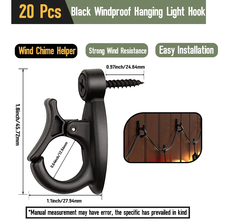 20PCs Screw-in Hook for String Lights, Black Lamp Hook, Used to Hang String Lights and Wires, Plants and Wind Chimes,