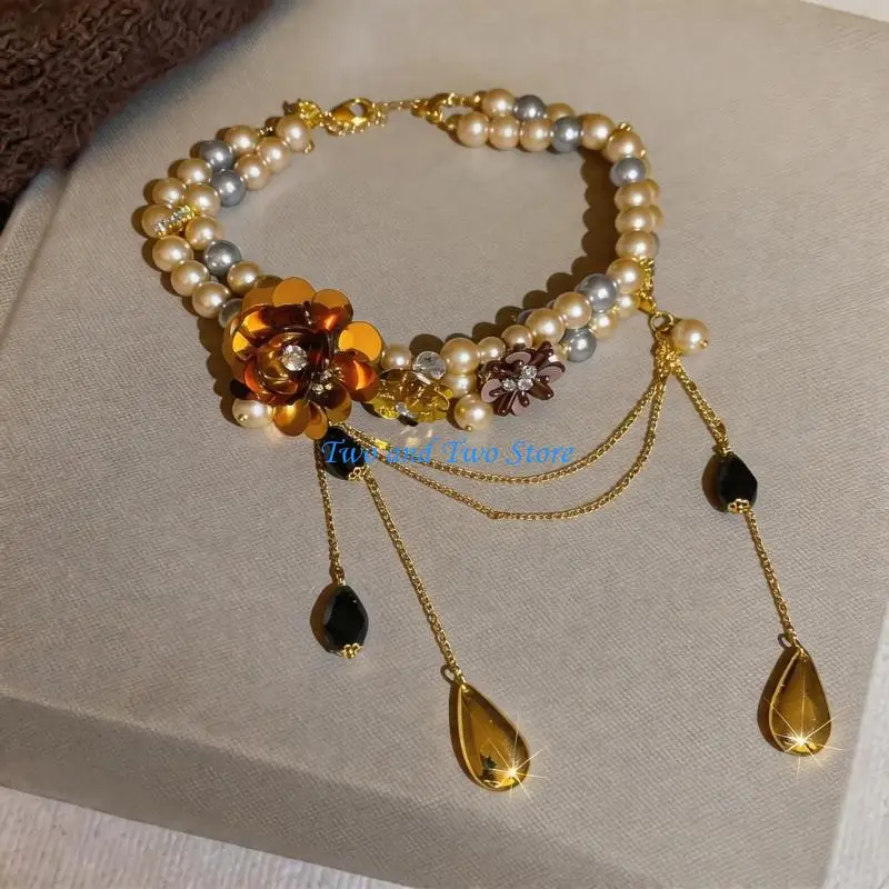 HX6F Elegant Beaded Flower Fringe Necklace With Adjustable Chain For Women Vintage Geometric Design Clavicle Chain Jewelry