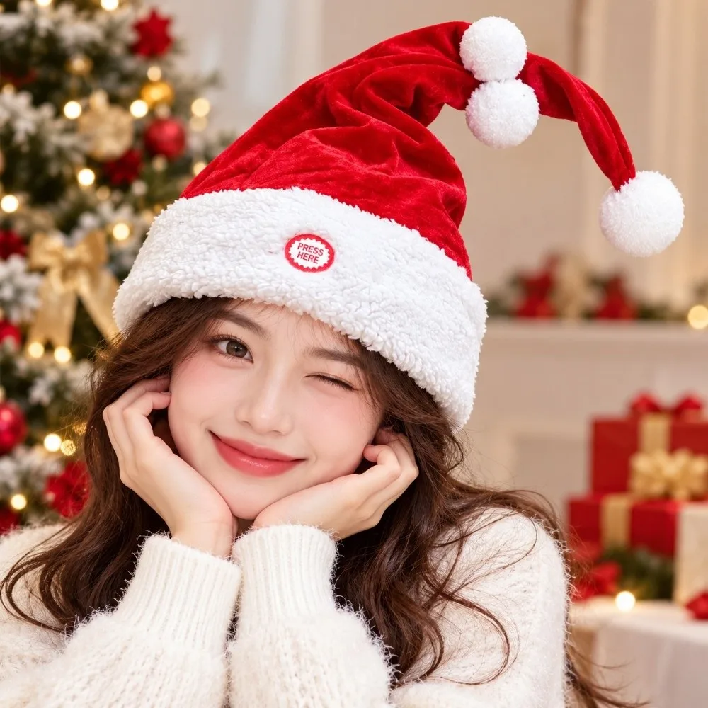 Fluffy Electric Christmas Hat Brim Bobbing Motion Automatic Swinging Santa Headwear Battery Powered Motorized Motion