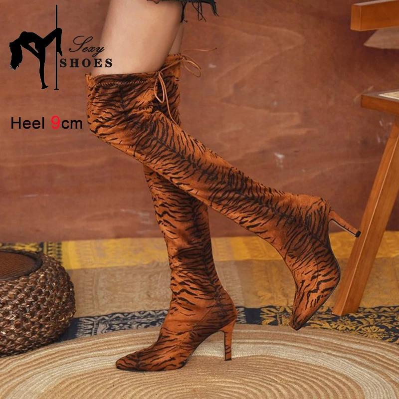 Fashion Leopard Print Over Knee Boots Nightclub Pointed Toe Women Shoes Autumn Winter Thigh High Boots SM Fetish Stiletto Heels