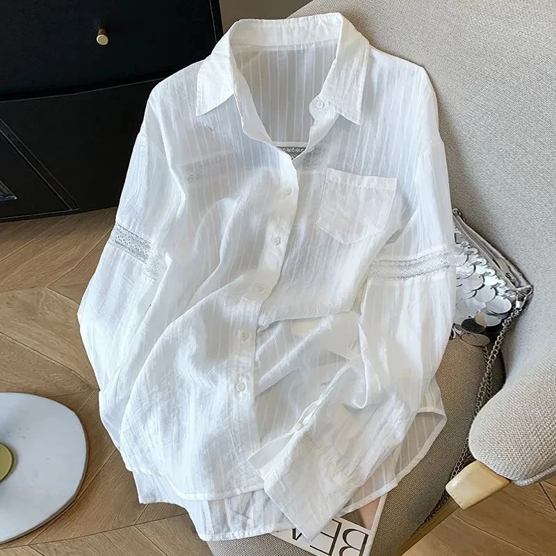 

Lace Hollow Out White Sun Protection Shirt Women Summer Thin Ice Silk Loose Casual Blouse Korean Lazy Style Solid All Match Tops
