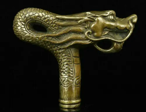 rare Chinese bronze statue of a dragon walking stick head
