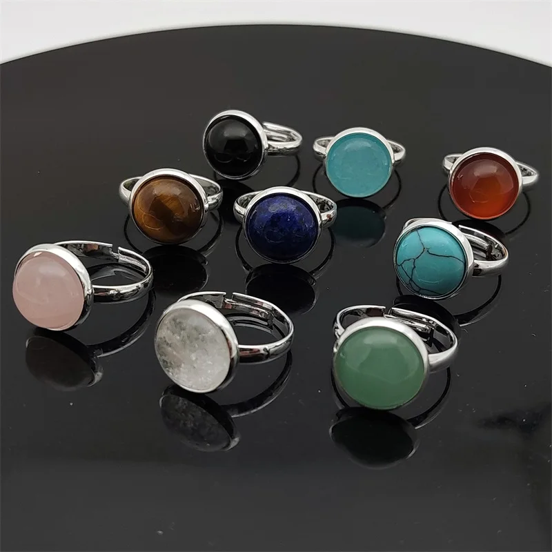 

20pcs Healing Natural Stone Ring 12mm Round Tiger Eye Opal Pink Crystal Adjustable Joint Ring for Women Jewelry