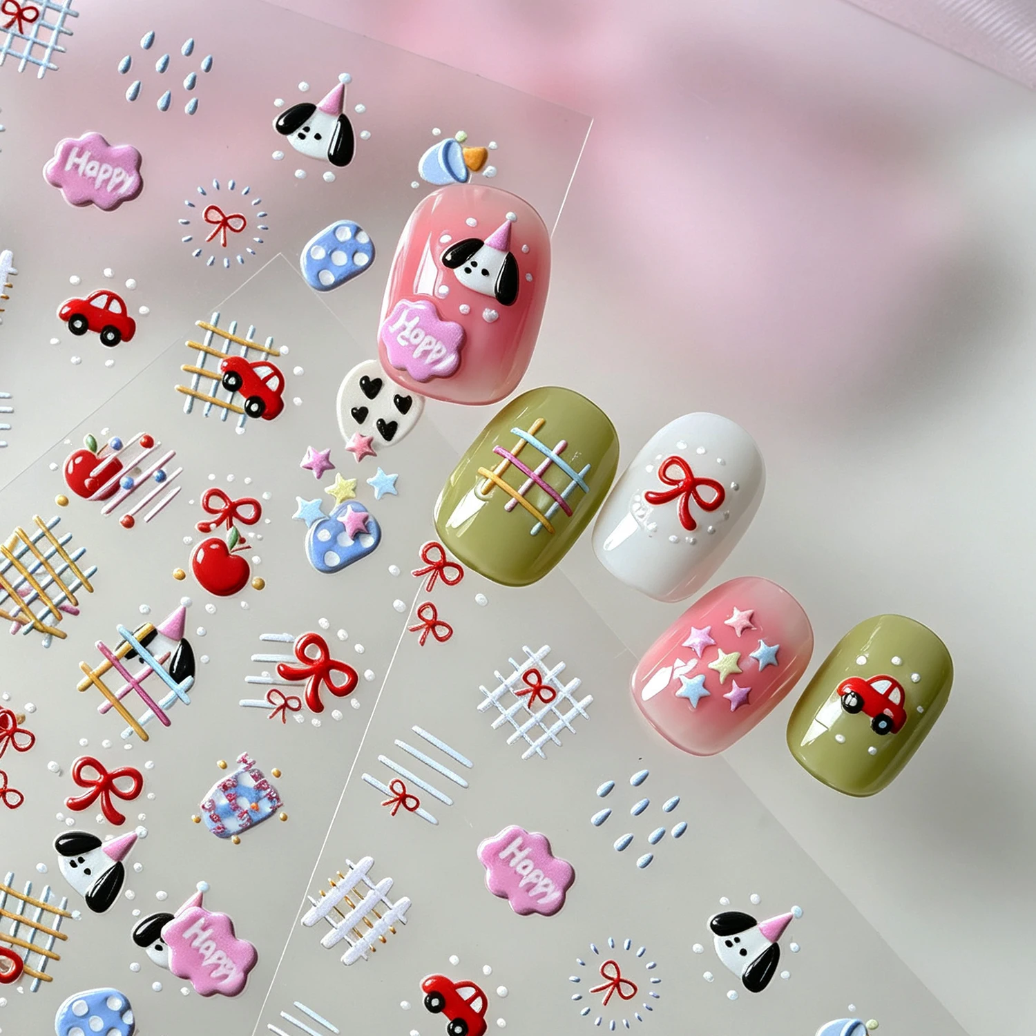 5D Cute Animals Graffiti Lines Nail Art Stickers Cartoon Car Puppy Bow Star Apple Self‑Adhesive Nail Decals Kawaii Nail Decorati
