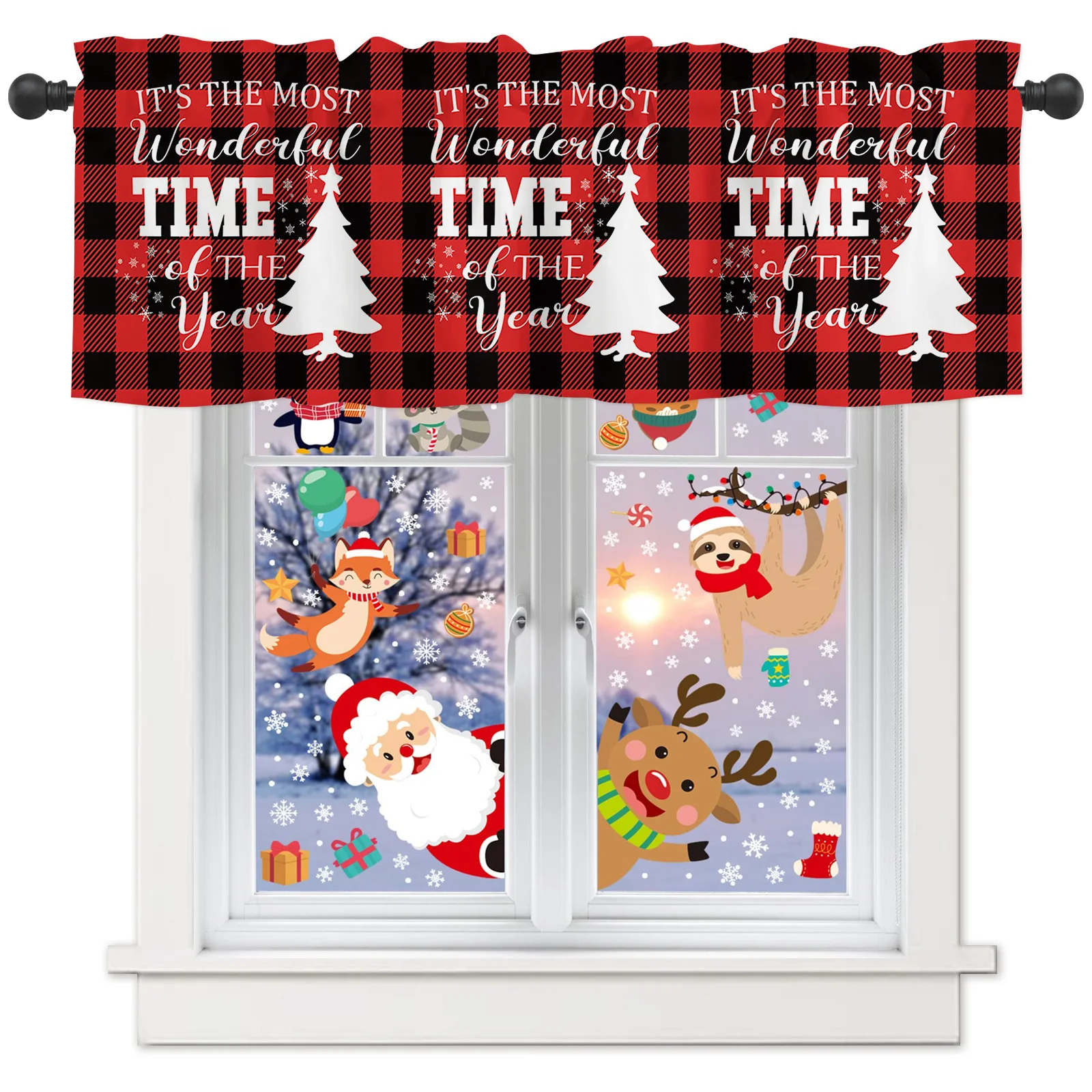 Christmas Valance Curtains for Kitchen Window Red Black Buffalo Check Plaid Winter Rod Pocket Window Valance Decor for Kitchen image 2