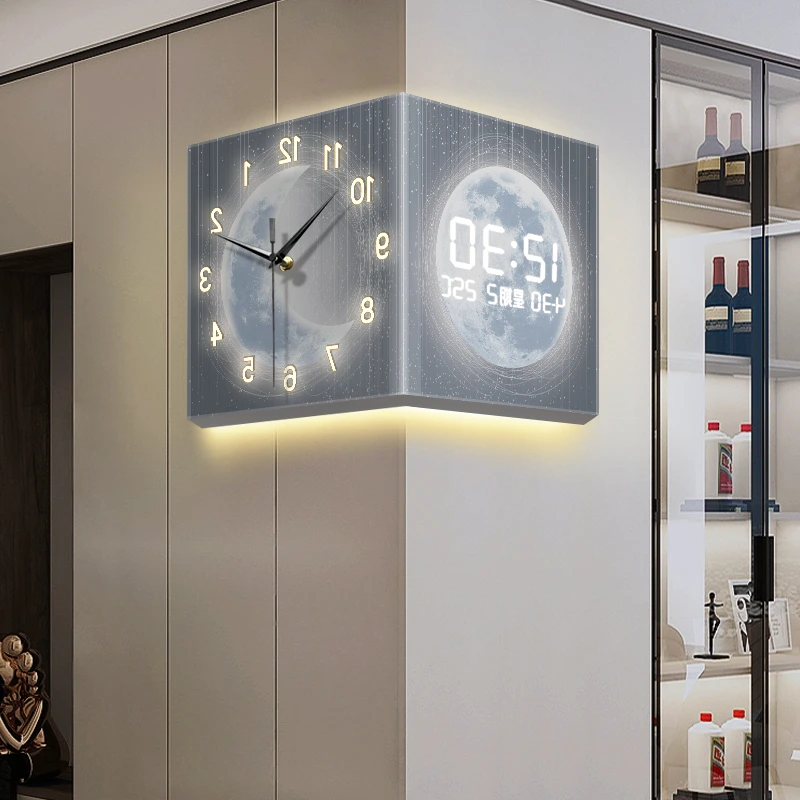 

Двусторонние угловые часы для гостиной, новый вечный календарь, электронный дисплей, настенные часы, столовая, угловые бесшумные часы ЯнB