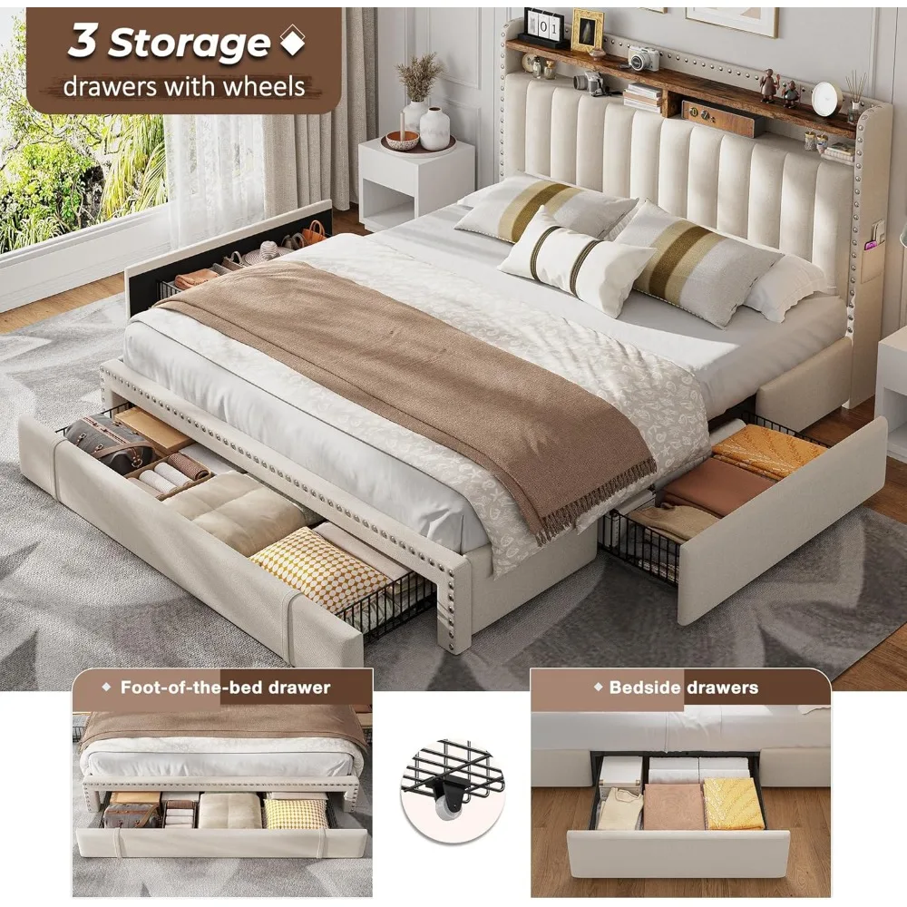 إطار سرير منجد بحجم كوين مع أدراج تخزين ولوح رأسي من طبقتين، وسرير بمنصة دعم شرائح خشبية