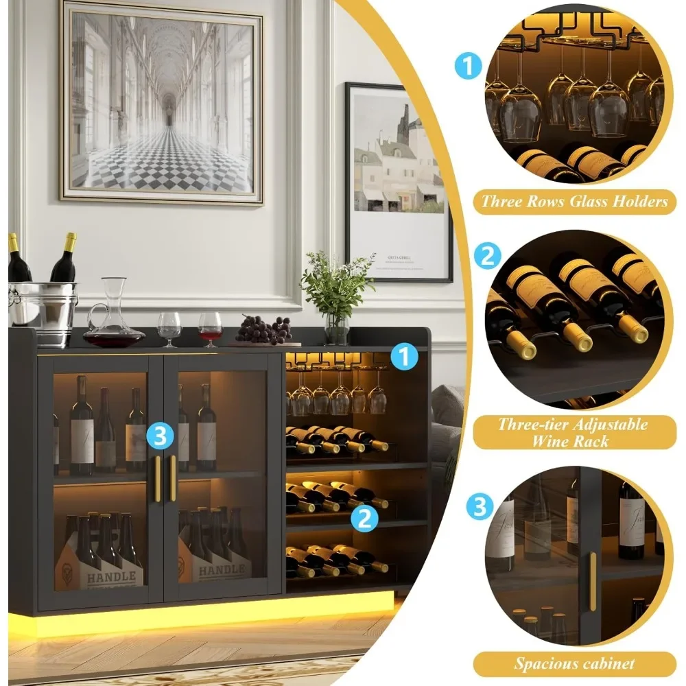 Mueble para bar de vinos con luces LED, cafetería flotante con estante de vidrio y estantes para vinos extraíbles, aparador buffet moderno