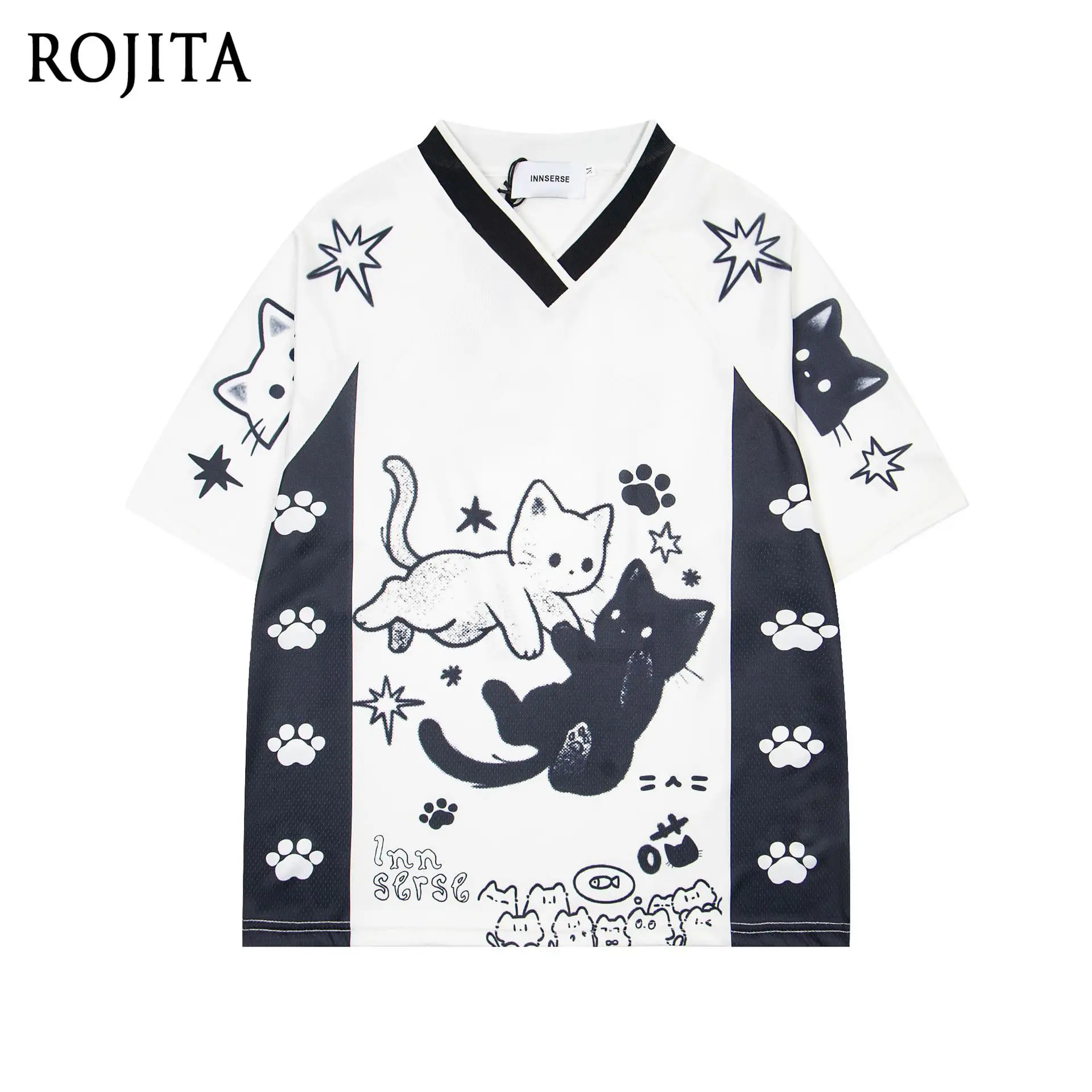 Contrasting Color Summer Casual Short-sleeved Men and Women Cute Cat Print Contrasting Color V-neck Loose T-shirt Jersey