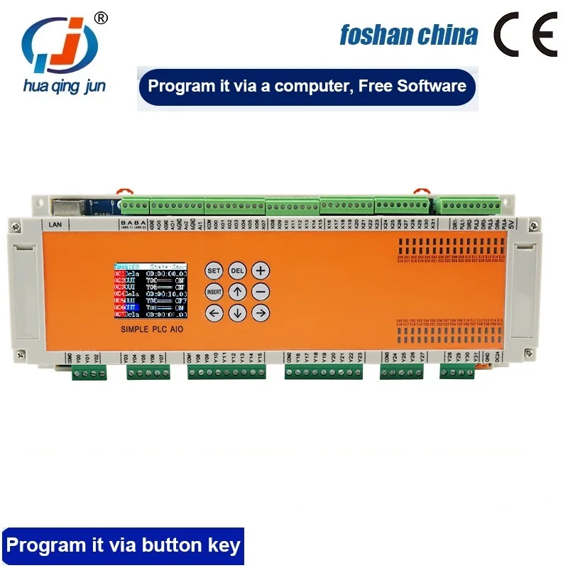 QJ-64R-2AI2AO-4PUL-485 PLC 32 Inputs 32 Outputs Relay Output PLC 2AI 2AO 4-Channel Pulse Outputs RS485 Modbus PLC for Smarthome