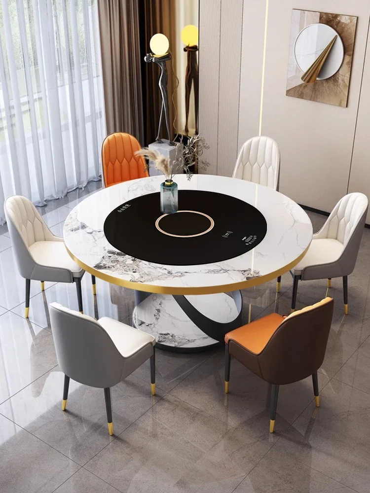 Light luxury rock slab with electric turntable household modern simple induction cooker hot pot round dinner table