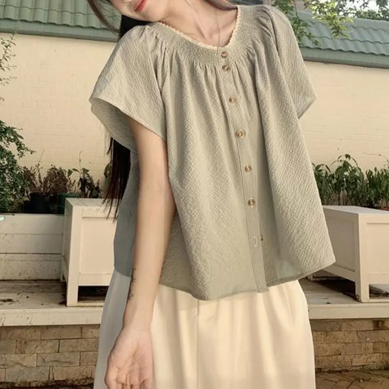 Casual Sweet Lace Spliced Blouse 2024 Summer Korean Short Sleeve Loose Female Clothing Solid Color Commute Single-breasted Shirt