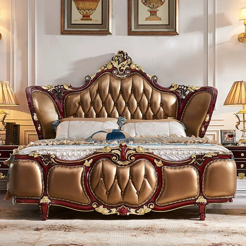 All solid wood leather bed, master bedroom luxury double bed, villa luxury bed