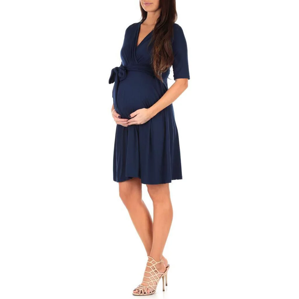 Maternity Drawstring Dress Maternity Clothes Summer Casual Pregnant Women Short Sleeve V-Neck Dress Vestidos Pregnancy Clothing