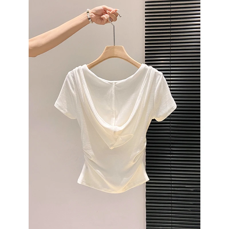 Women Hooded Regular-shoulder Short-sleeved T-shirt, 2026 Spring  Summer New Style, Side Pleated Waist-hugging Slim-fitting Top