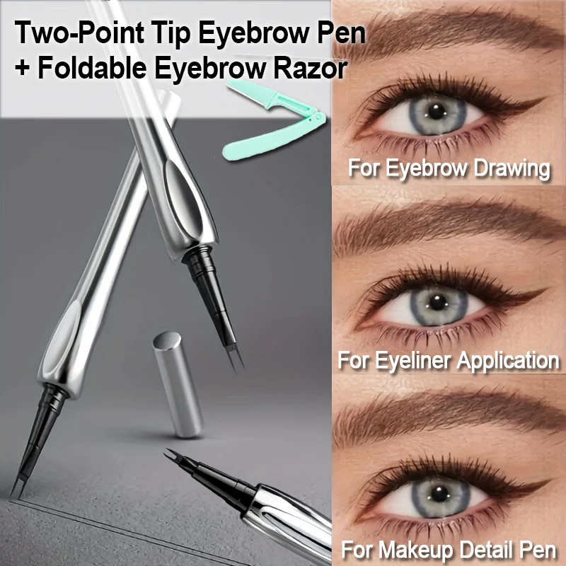 Two‑Prong Split‑Tip Eyebrow Pen Matched With Foldable Eyebrow Razor Combo Set, Two‑Point Tip Design, Beginner‑Friendly Eyebrow Makeup Tool, Two‑In‑One Beauty Kit For Daily Eyebrow Drawing And Grooming, Eyebrow Makeup Tool Set