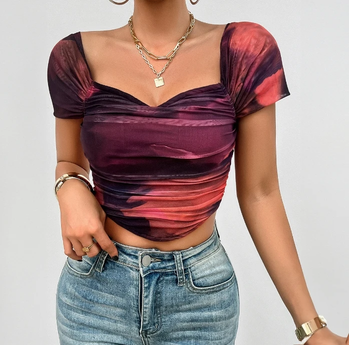 Top Women 2024 Summer Temperament Slim Fit Square Neck Short Sleeved Ruched Casual Back Zipper Crop Fishbone T-Shirt Top