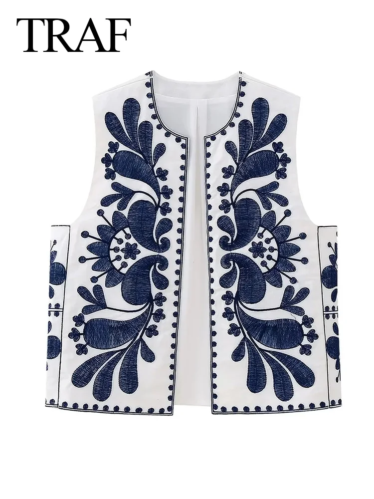 TRAF 2023 Summer Women Embroidered Tank Tops Casual Vintage Y2k Cardigan Waistcoat Lady Sleeveess Chic Loose Vest Streetwear