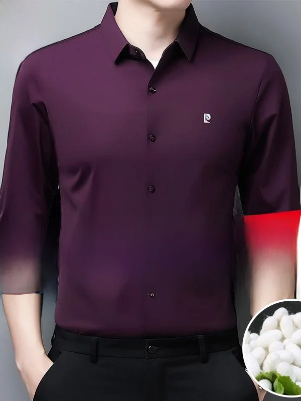 

Pierre Cardin Men's High-end Silk Long Sleeve Shirt Seamless Casual Fashion Urban Style Standard Fit Business Casual Shirt