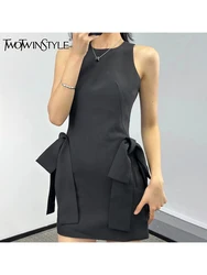 TWOTWINSTYLE Solid Patchwork Bowknot Slimming Designer Dresses For Women O Neck Sleeveless High Waist Mini Dress Female Fashion