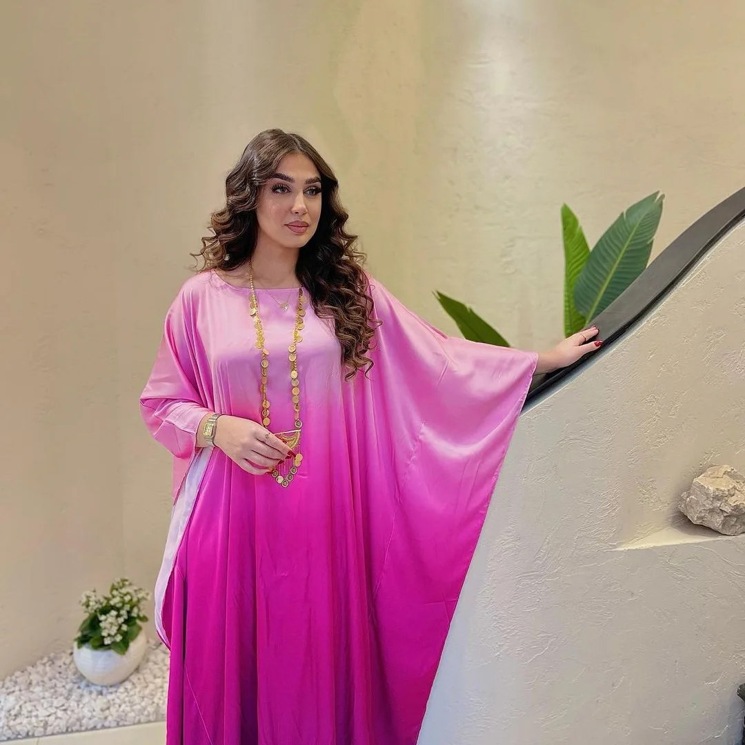 

Satin Abaya Muslim Party Long Dress Batwing Gradient Abayas for Women Dubai Turkey Modest Islamic Outfit Moroccan Kaftan Robe