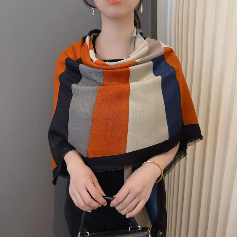 

2025New striped color-block vintage square scarf women130x130Soft outer shawl warmth in-conditioned rooms