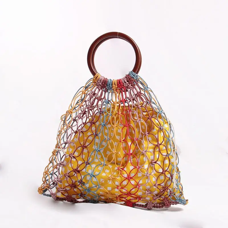 

Handmade Women Handbag Cotton Rope Woven Mesh Bag Fashion Hollow Straw Beach Bags Bohemian Wooden Handle Knitted Female Net Bag