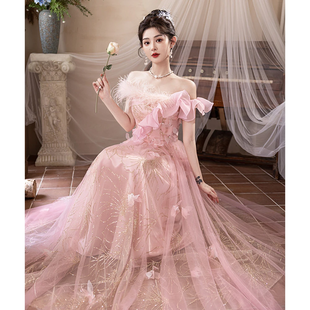 

Light Luxury Pink Evening Dress Women Sequins Feather Slanted Collar Prom Gown Floor Length Off Shoulder Ruffles A-line Vestido