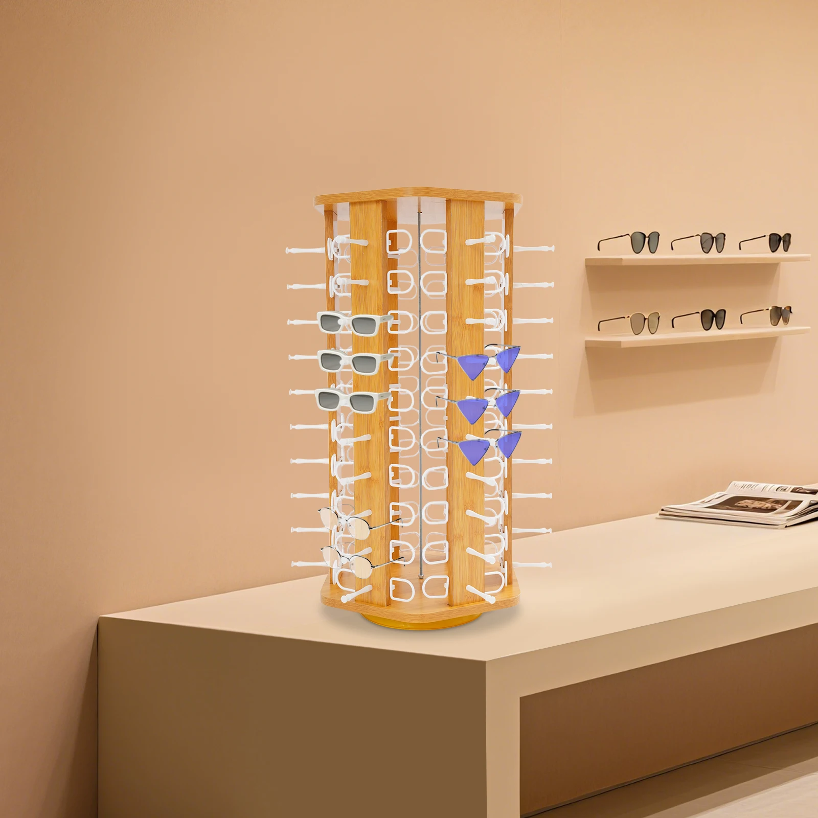 

Glasses Display Stand Tabletop Sunglasses Storage Organizer 60 Pairs Bamboo Grain Stable Fixing