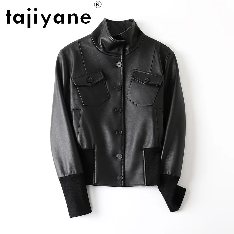 TAJIYANE Vintage Sheepskin Genuine Leather Black Jacket Woman Coat Loose Elastic Waist Overcoat Slim Fit Cropped Outerwear Black