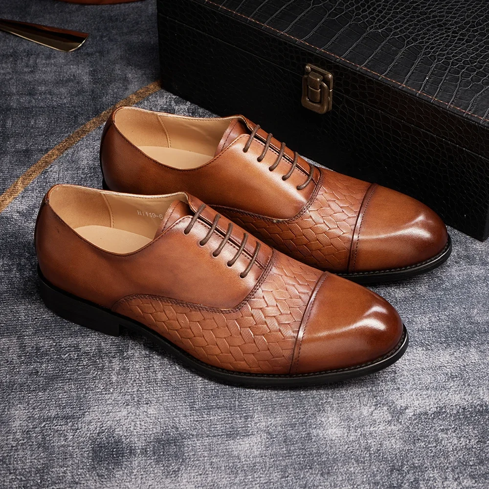 Classic Genuine Leather Men\'s Oxford Shoes Handmade Pointed Toe Checkered Lace-Up Formal Business Dress Shoes for Wedding Party