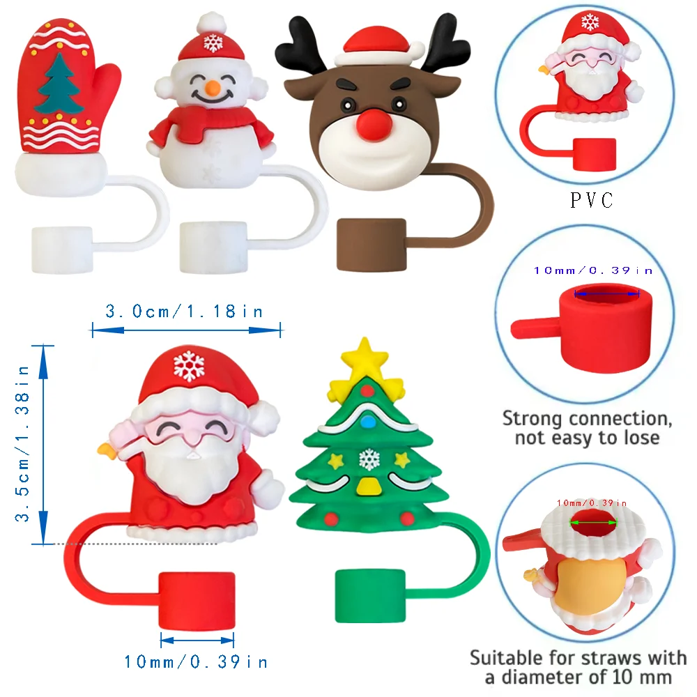 Cute Christmas Straw Cover Cap For Cup Reusable 10mm Straw Compatible 30&40 Oz Tumbler With Handle Tips