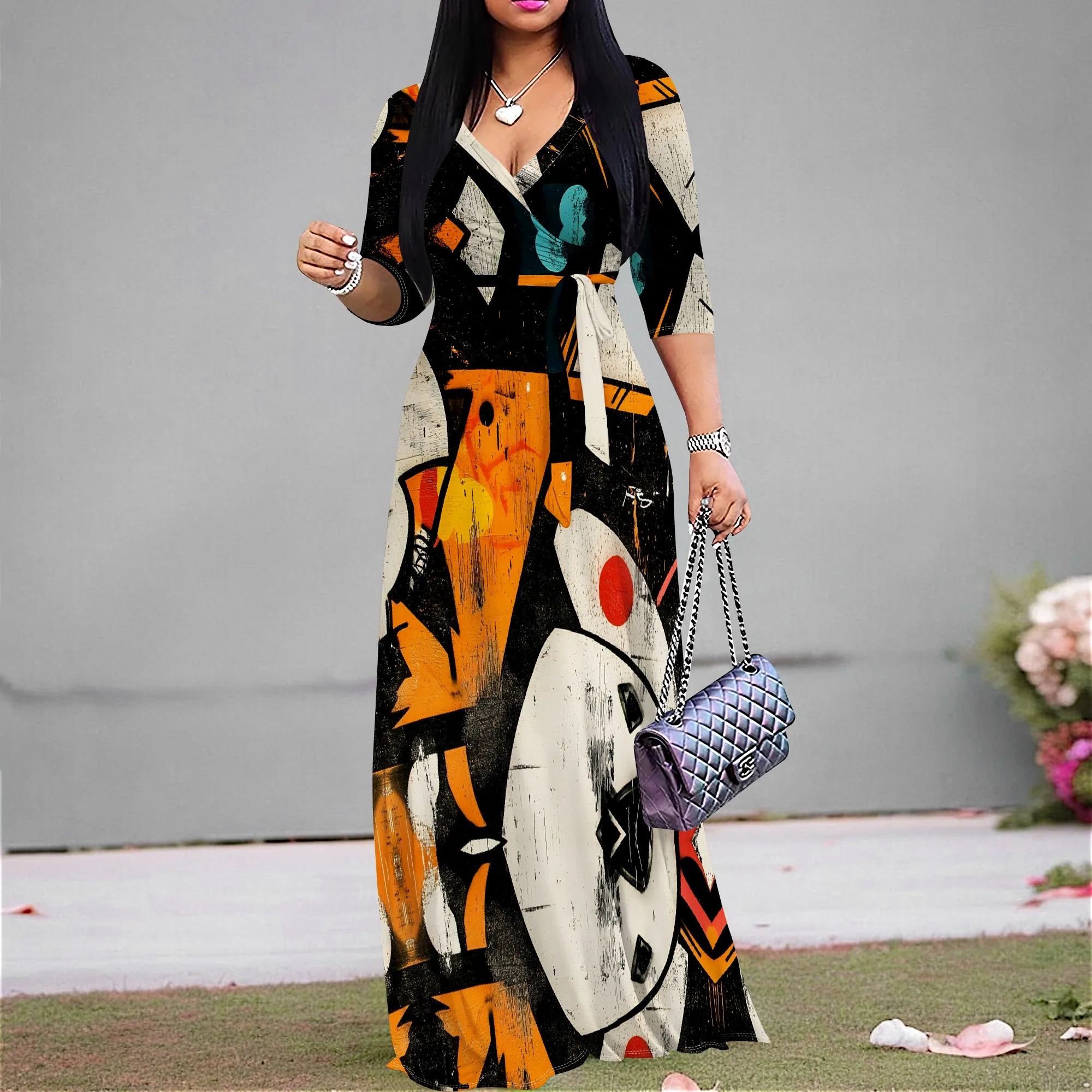 

Women's Abstract Art Print Maxi Dress V-Neck 3/4 Sleeve High Waist A-Line Party Dress for Cocktail Evening XS-3XL