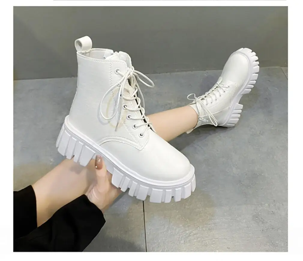 Lente Witte Herfst Dames Enkellaarzen Herfst Winter Platform Mode Vrouwen Zwarte Laarzen Dikke Zool Veters Veters Veters Grote