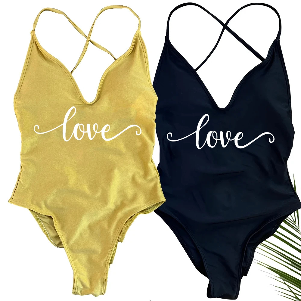 Women's Sexy Padded One Piece Swimsuit Love Print Summer Bathing Suit Backless Bikini for Bachelor Party Beachwear